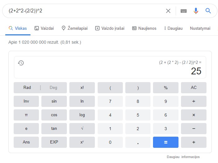 Google rezultatai - skaičiuoklė