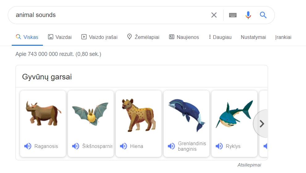 Google rezultatai - gyvūnų garsai